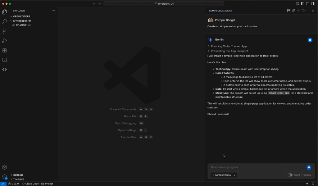 Example of Google Gemini Code Assist AI coding capabilities in VS Code.